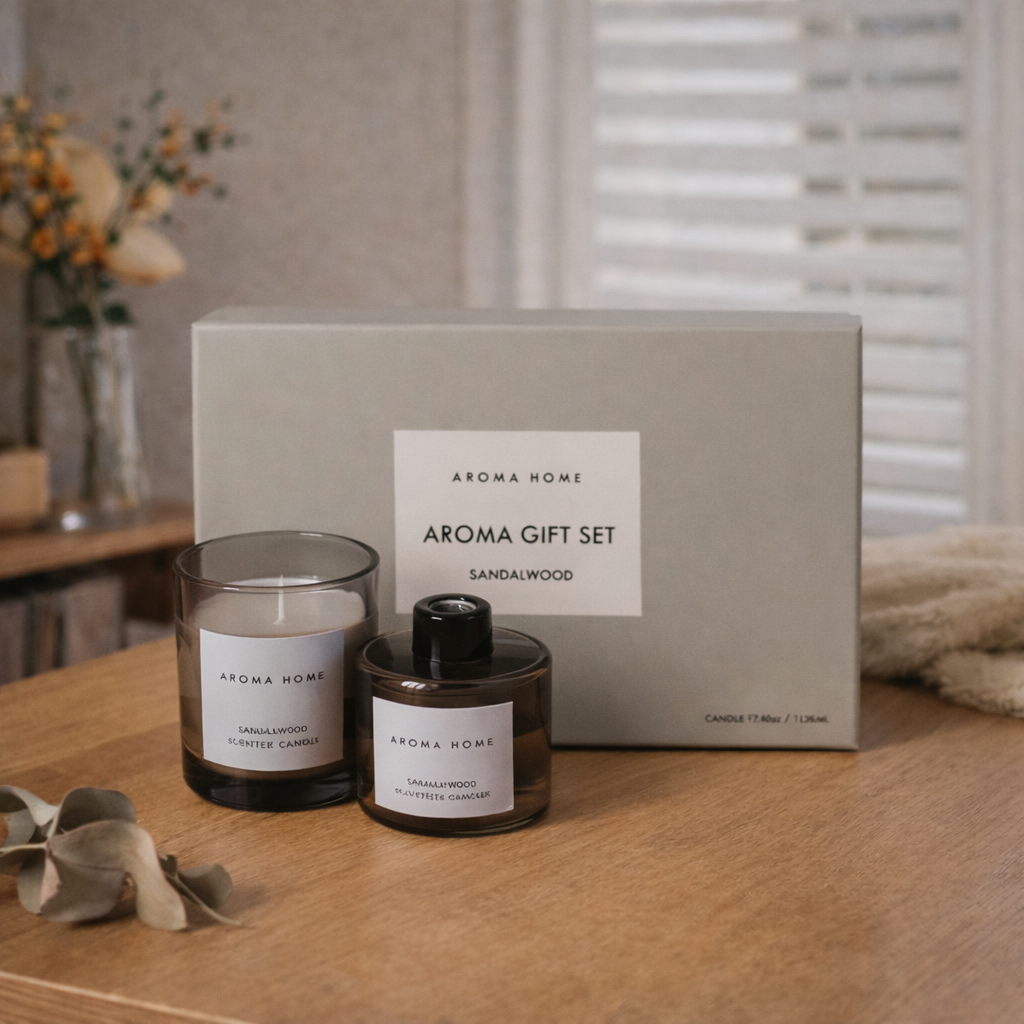 Flat lay of four-color scented candle gift box aesthetic view