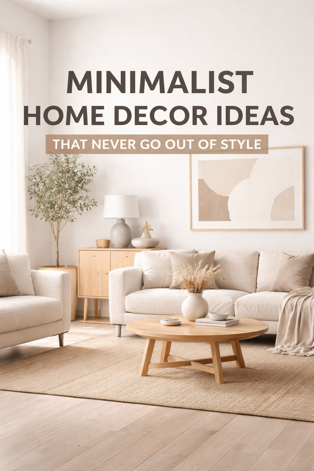 Bright and airy minimalist living room with neutral colors, wooden coffee table, beige sofa, simple decor, and natural light – timeless home decor ideas.