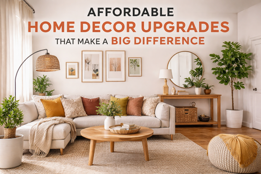 Affordable home decor upgrades in a modern living room with neutral sofa, decorative throw pillows, round wooden coffee table, indoor plants, and warm natural lighting.