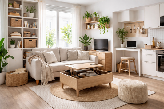 Organized small apartment living room with multifunctional furniture