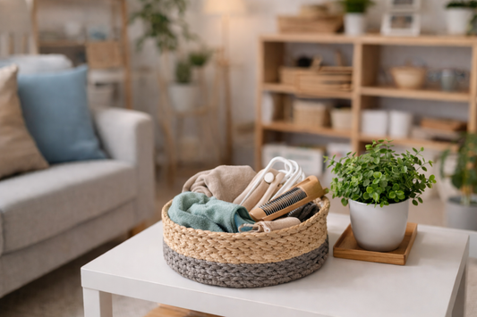 Bright modern living room with organized shelves, minimal decor, storage baskets, and a clean coffee table showing a clutter-free and tidy home environment.