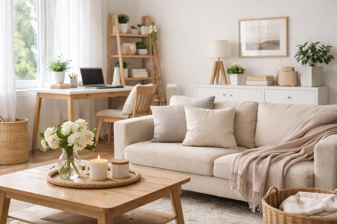 A bright, minimalist living room with a beige sofa, neatly arranged coffee table with flowers and candle, tidy bookshelf, and a clean desk, creating a clutter-free and calming environment.