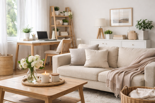 A bright, minimalist living room with a beige sofa, neatly arranged coffee table with flowers and candle, tidy bookshelf, and a clean desk, creating a clutter-free and calming environment.