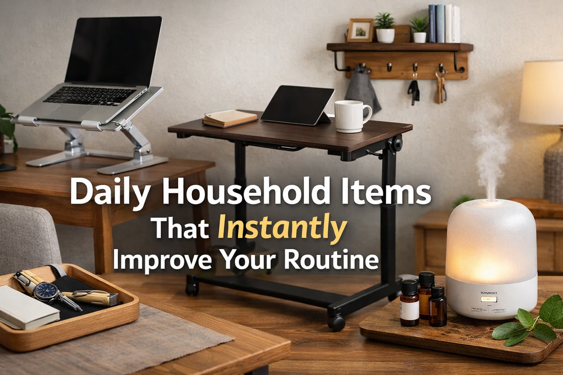 Daily household items that improve your routine including laptop stand, portable desk, desk organizer and essential oil diffuser in a modern home workspace.