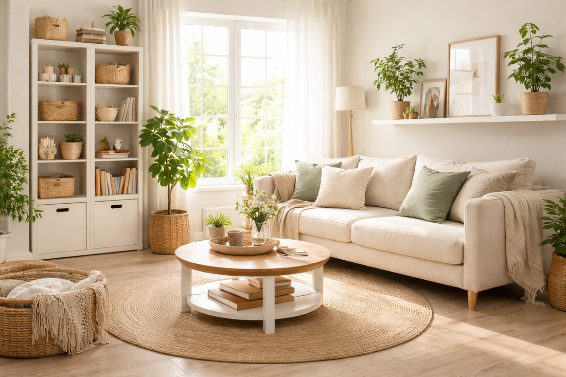 Organized living room with clean shelves and minimal clutter, illustrating stress-free home decluttering.