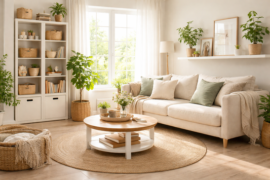 Organized living room with clean shelves and minimal clutter, illustrating stress-free home decluttering.