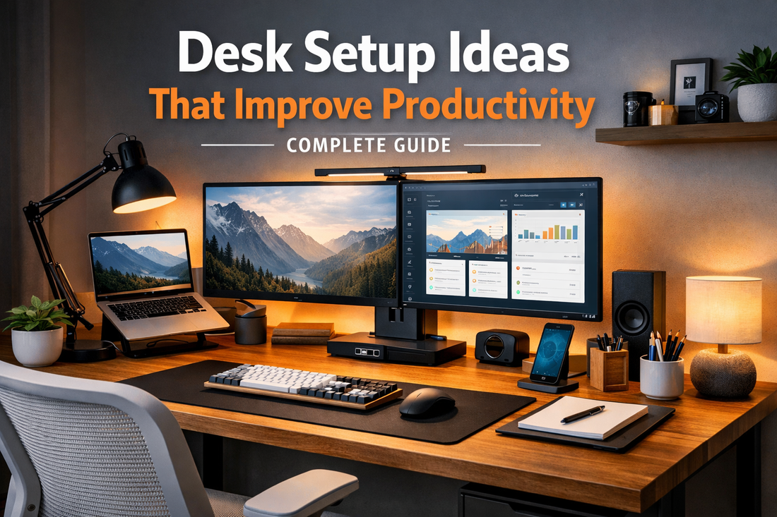 Modern ergonomic desk setup with dual monitors, laptop stand, keyboard, and productivity accessories for improved workspace efficiency