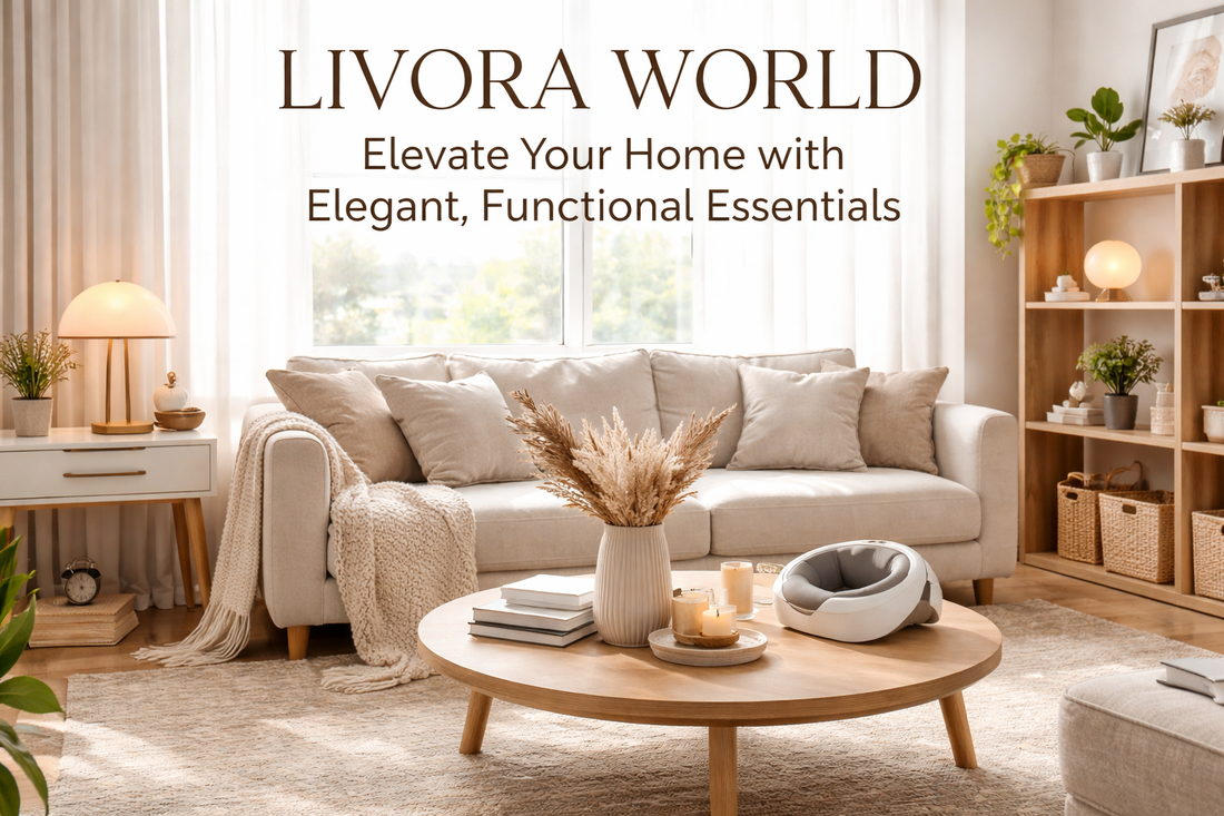 Modern minimalist living room with beige sofa, warm ambient lighting, wooden coffee table, and elegant home décor styled to represent Livora World’s functional and premium home essentials.