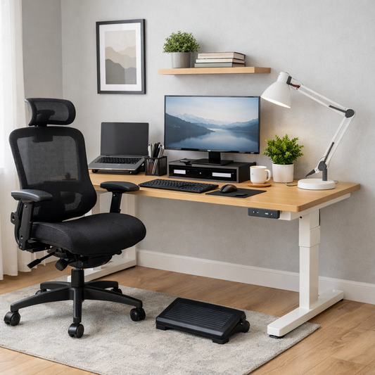 Modern home office setup with ergonomic chair, adjustable desk, desk lamp, organized workspace, and plants for comfort and productivity