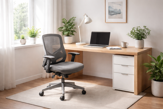 Minimal home office setup with ergonomic chair, desk, laptop, and natural light for focus and comfort