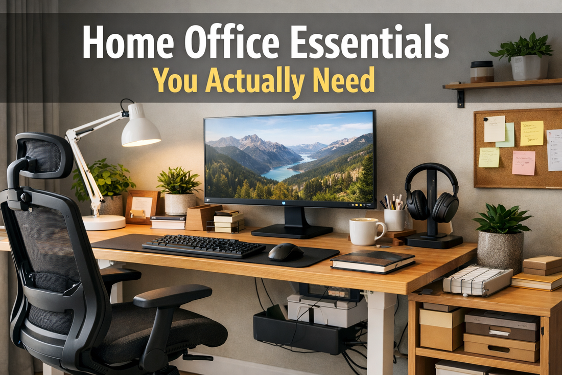 A modern home office setup with an ergonomic chair, adjustable desk, widescreen monitor, desk lamp, organized stationery, plants, and natural light, illustrating essential tools for productivity and comfort.