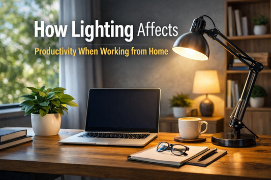 Modern home office with natural and ambient lighting, showing a laptop, desk lamp, coffee mug, and plant, illustrating how lighting affects productivity when working from home