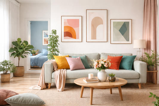 Modern living room interior showcasing color psychology with neutral sofa and colorful pillows illustrating how colors affect mood at home