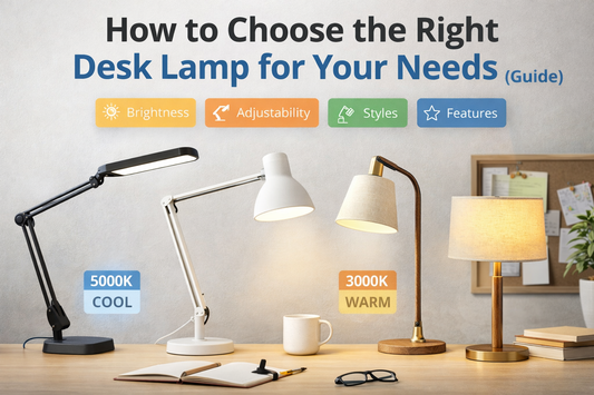 Different desk lamp styles on a workspace showing warm and cool light temperatures, brightness and adjustability features for choosing the right desk lamp.
