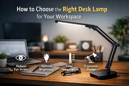 Modern adjustable LED desk lamp illuminating a home office workspace with laptop and notebook for productivity and eye comfort