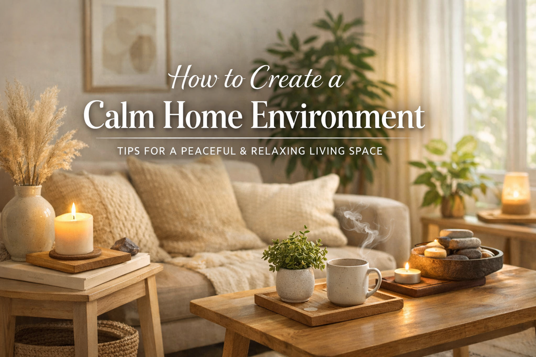 Serene beige living room with soft lighting, cozy textures, candles, and plants creating a calm home environment.