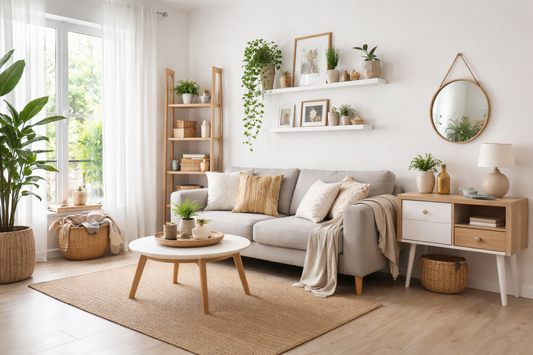 Minimalist small living room decorated without clutter featuring neutral colors, floating shelves, storage baskets, and multi-functional furniture in a bright 16:9 layout.