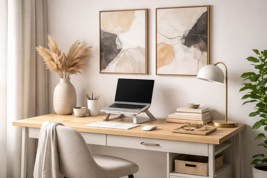 Modern minimalist home office setup with abstract wall art, ceramic vase, laptop stand, desk lamp and indoor plant for a productive and stylish workspace