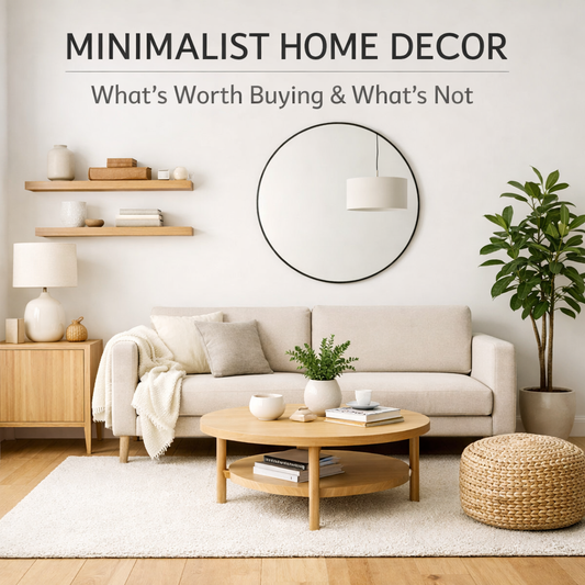 Minimalist living room with neutral tones, simple furniture, natural light, and functional decor illustrating what’s worth buying in minimalist home decor