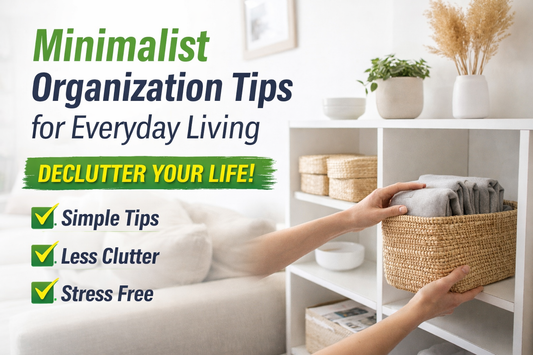 Minimalist organized living space with storage baskets and clean shelves showing decluttered home organization and simple living setup