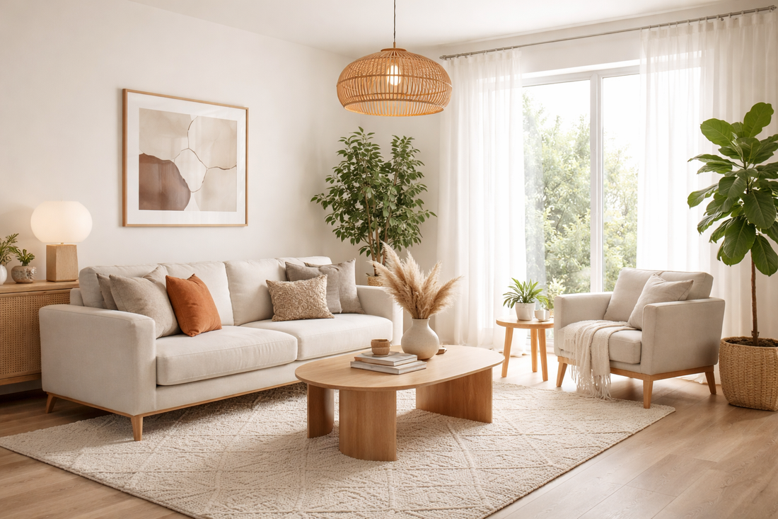 Bright modern living room with neutral color palette, minimalist wooden furniture, statement pendant lighting, cozy textiles, and indoor plants showcasing timeless home decor trends.