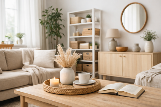 Organized and calm living room with neutral decor, wooden furniture, soft natural lighting, storage shelves, and minimalist styling for a peaceful home atmosphere.