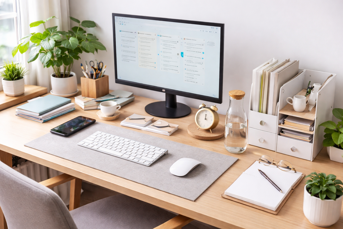 Clean and organized modern desk setup with monitor, keyboard, plants, and storage organizers for maximum workspace efficiency.