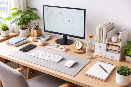 Clean and organized modern desk setup with monitor, keyboard, plants, and storage organizers for maximum workspace efficiency.