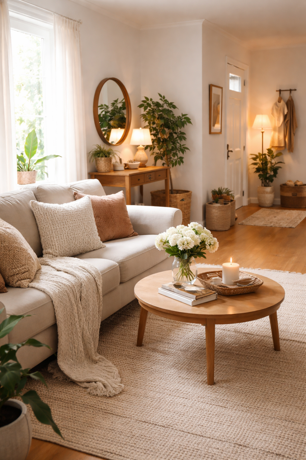 Cozy neutral living room with warm lighting, soft blankets, natural decor and fresh flowers creating a welcoming home atmosphere.