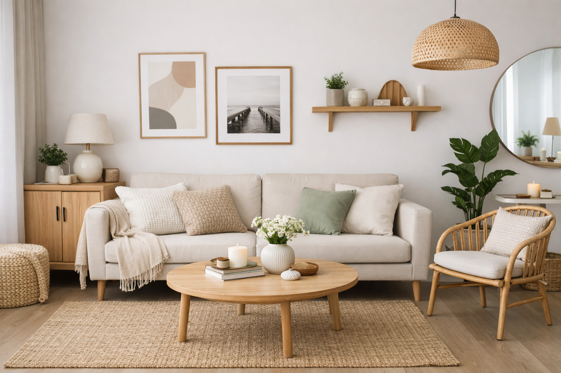 simple modern living room with minimalist decor and organized home accessories