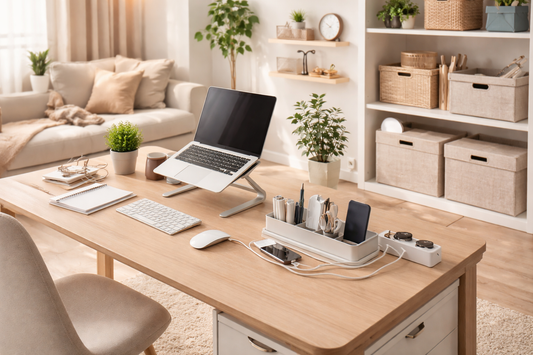 modern home workspace with organized desk, smart gadgets and minimalist home essentials