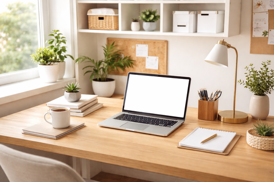 A clean and organized office workspace with minimal clutter, bright lighting, and a laptop.