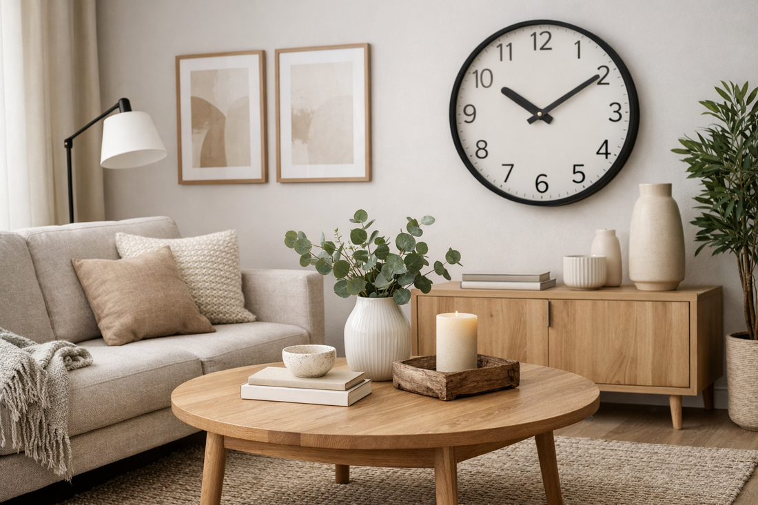 Timeless living room decor with neutral tones, wooden furniture, minimalist wall art, and modern wall clock for long-lasting home styling