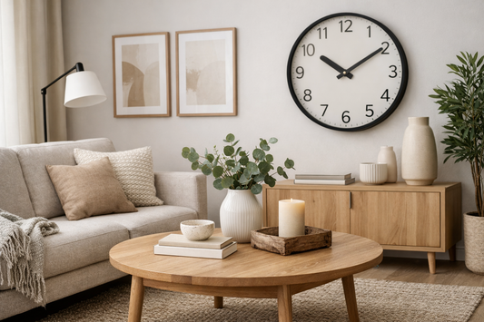Timeless living room decor with neutral tones, wooden furniture, minimalist wall art, and modern wall clock for long-lasting home styling