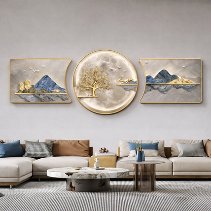 Trio of modern abstract landscape wall art panels arranged harmoniously on a neutral wall.