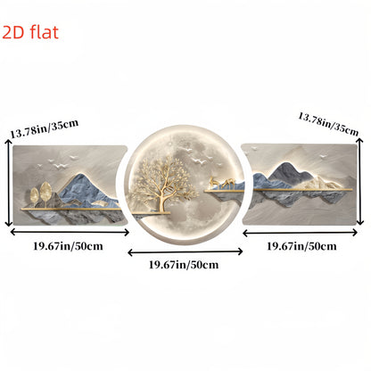 Modern abstract landscape canvas set decorating a stylish home office workspace.