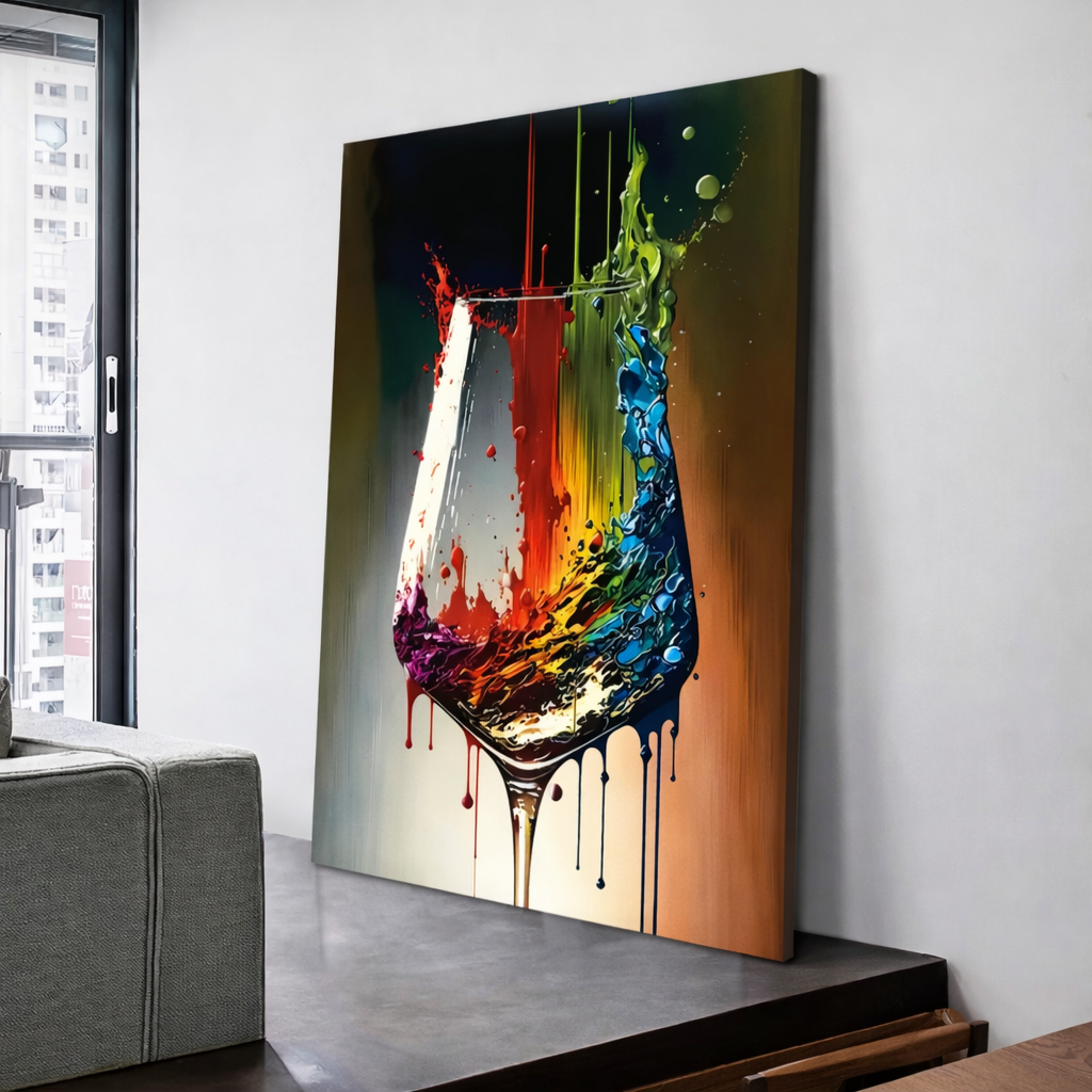 Abstract wine glass art with colorful splash effect