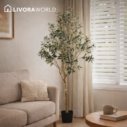 164.95cm artificial olive tree placed in a bright modern living room corner