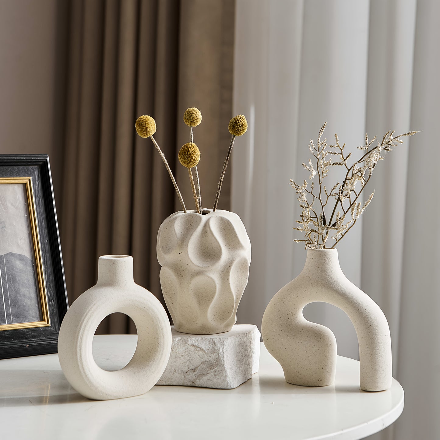 Boho ceramic vase set displayed on table decor