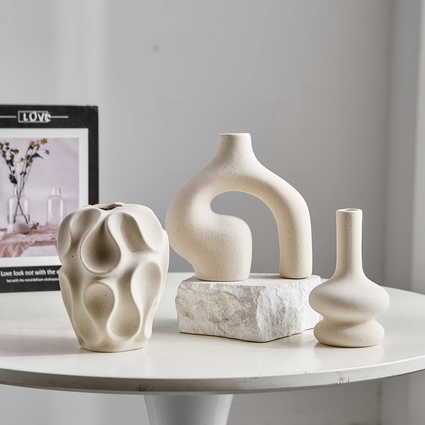 Neutral tone ceramic vase set for boho interior decor