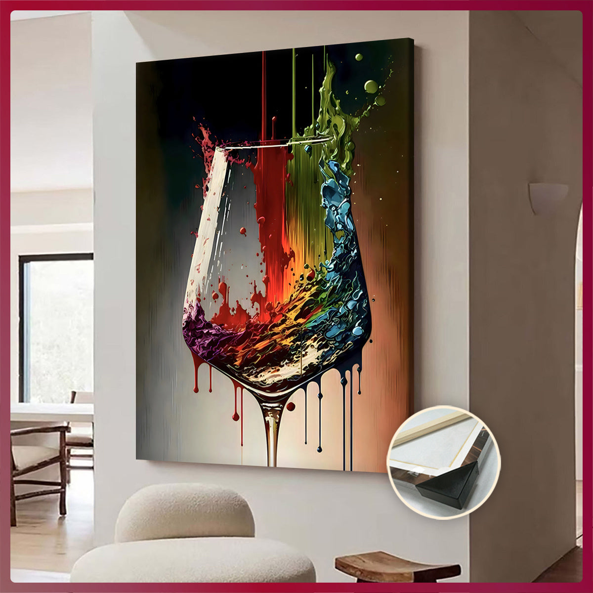 Close-up of vibrant wine glass splash artwork on canvas