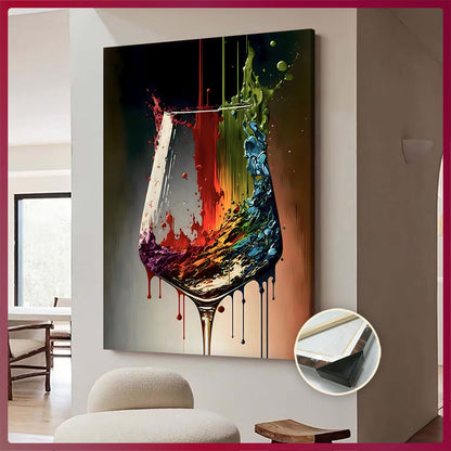 Close-up of vibrant wine glass splash artwork on canvas