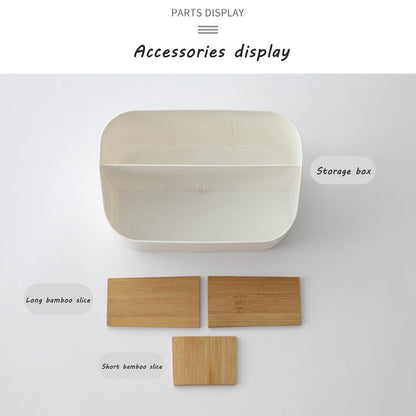 Top view of white desktop storage holder with sorted items