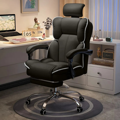 Side profile of ergonomic office chair with footrest in black