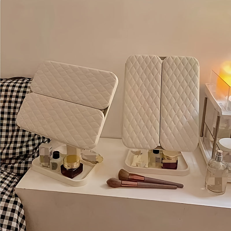 Multi panel foldable LED vanity mirror opened on dressing table