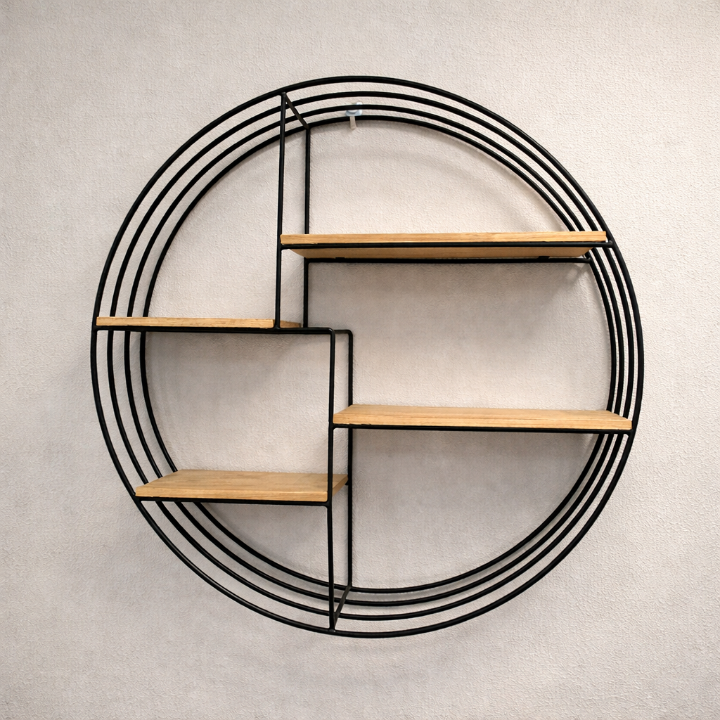 Empty round floating wall shelf showcasing four tiers and hook design