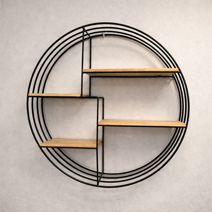 Empty round floating wall shelf showcasing four tiers and hook design