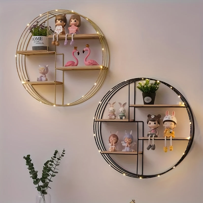 Hooks of round wall-mounted shelf used to hang keys and bags