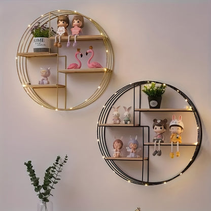 Hooks of round wall-mounted shelf used to hang keys and bags