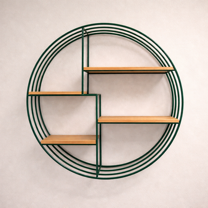 Round wall-mounted shelf with decorative plants and photo frames